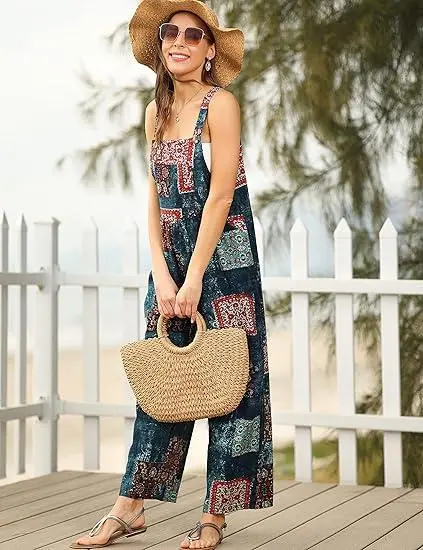 Tanming Women's Patchwork Dual Pocket Jumpsuit Loose Floral Print Bohemian Wide Leg Bib Overall