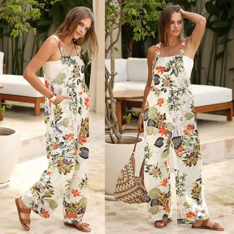 Tanming Women's Patchwork Dual Pocket Jumpsuit Loose Floral Print Bohemian Wide Leg Bib Overall