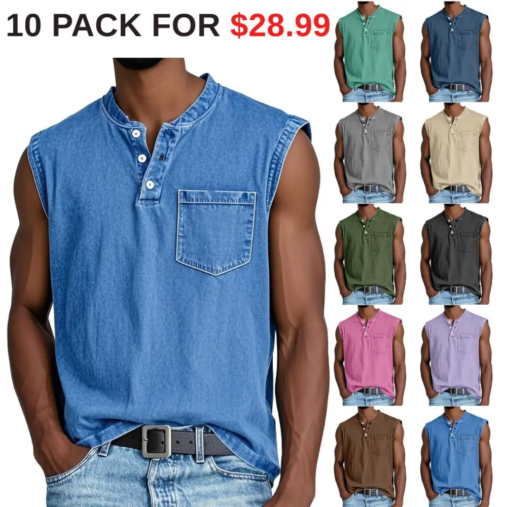 Men's Casual Retro Solid Color Simple Pocket Sleeveless Henley Vest (S-7XL)