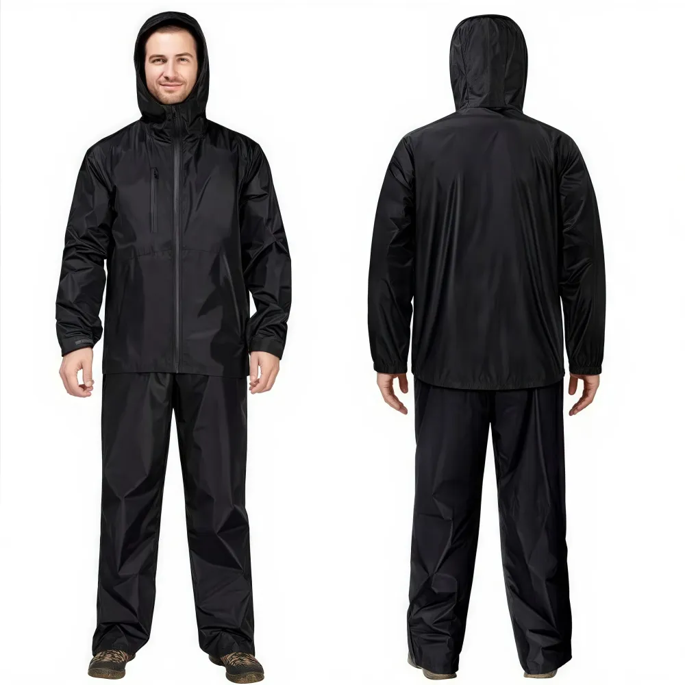 RODEEL 718 Waterproof Bib Overalls Rain Suit Men Lightweight Breathable Rainproof Full Zip Hooded Jacket and Bib Overalls Durable Rain Coat Rainwear Windbreaker For Outdoor Hiking Camping Fishing Car Washing Construction Roofing Landscaping Gardening