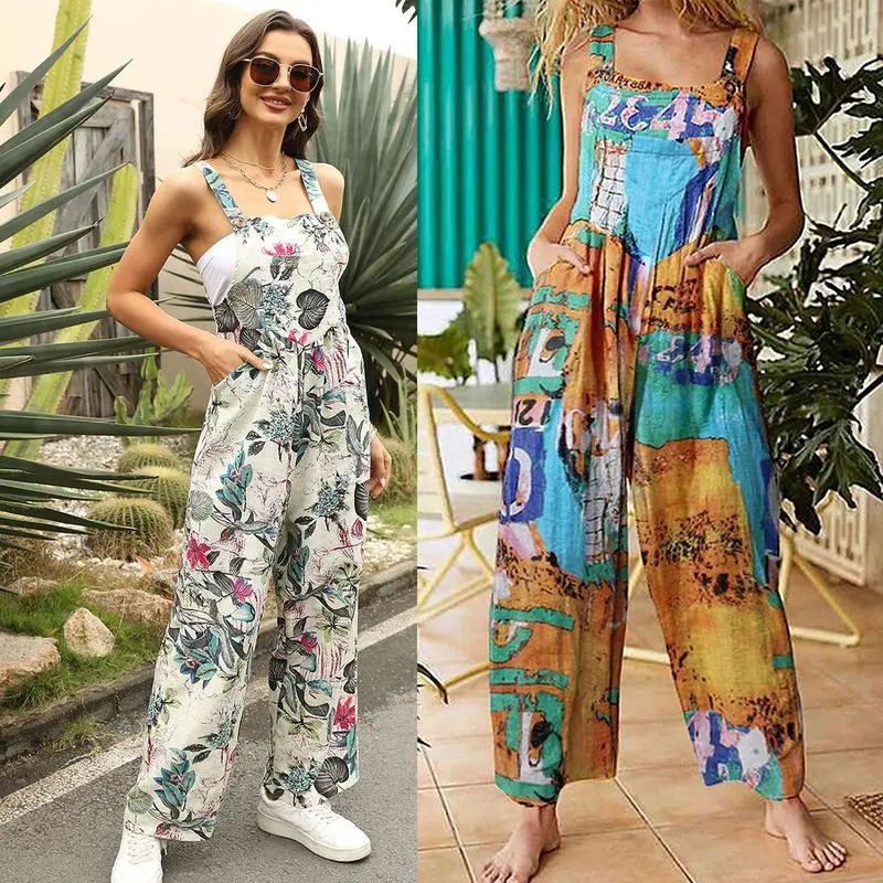 Tanming Women's Patchwork Dual Pocket Jumpsuit Loose Floral Print Bohemian Wide Leg Bib Overall