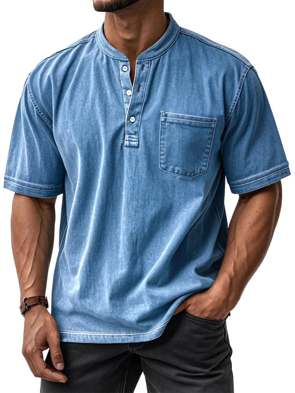 Men's Casual Vintage Loose Pocket Henley Shirt