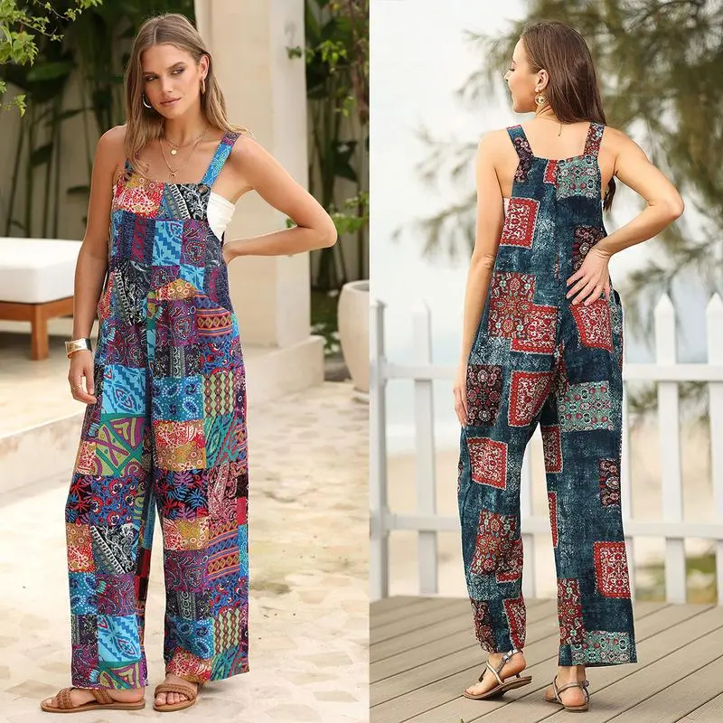 Tanming Women's Patchwork Dual Pocket Jumpsuit Loose Floral Print Bohemian Wide Leg Bib Overall