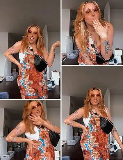 Tanming Women's Patchwork Dual Pocket Jumpsuit Loose Floral Print Bohemian Wide Leg Bib Overall