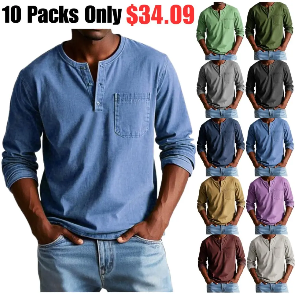 ✨FREE Gift with Every Order🎁$34.09 for 10 Pack🔥Men's Fashion Vintage Distressed Pocket Long Sleeve Henley Shirt