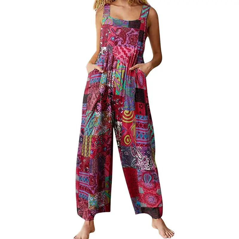 Tanming Women's Patchwork Dual Pocket Jumpsuit Loose Floral Print Bohemian Wide Leg Bib Overall
