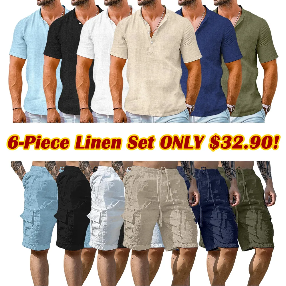 Men's Linen Short Sleeve Shirt & Shorts Set – Summer Casual 2-Piece Outfit