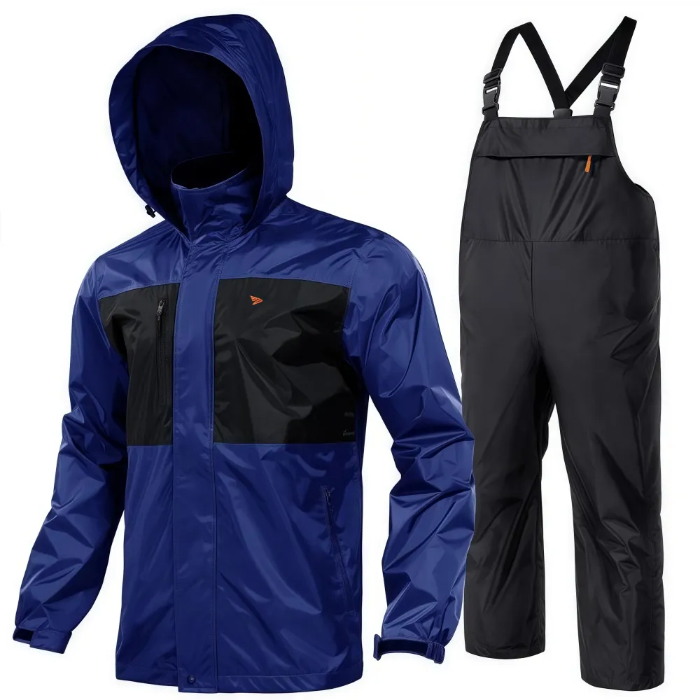 RODEEL 718 Waterproof Bib Overalls Rain Suit Men Lightweight Breathable Rainproof Full Zip Hooded Jacket and Bib Overalls Durable Rain Coat Rainwear Windbreaker For Outdoor Hiking Camping Fishing Car Washing Construction Roofing Landscaping Gardening