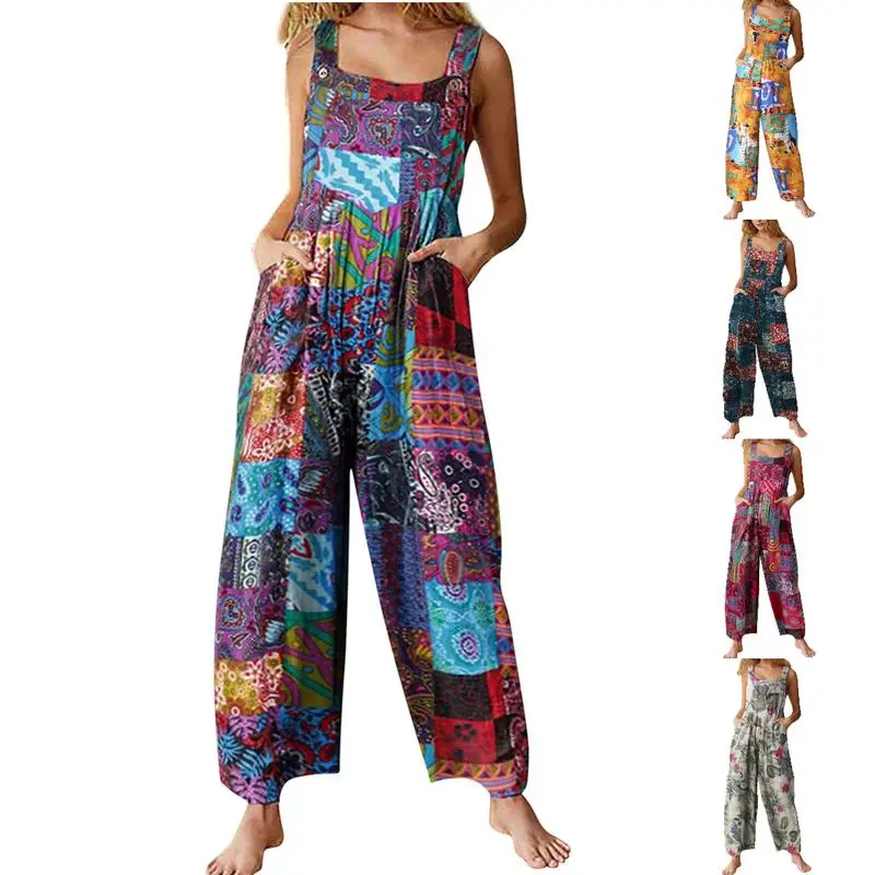 Tanming Women's Patchwork Dual Pocket Jumpsuit Loose Floral Print Bohemian Wide Leg Bib Overall
