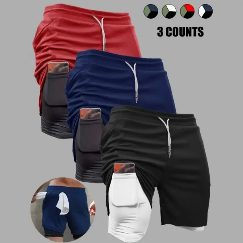 3-Pack Men's 2 in 1 Stretch Active Quick Dry Gym Running Shorts With Liner