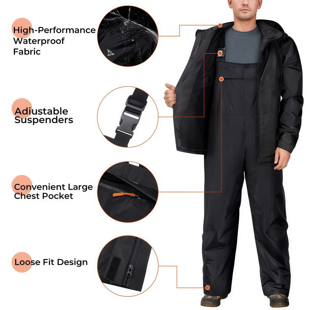 RODEEL 718 Waterproof Bib Overalls Rain Suit Men Lightweight Breathable Rainproof Full Zip Hooded Jacket and Bib Overalls Durable Rain Coat Rainwear Windbreaker For Outdoor Hiking Camping Fishing Car Washing Construction Roofing Landscaping Gardening