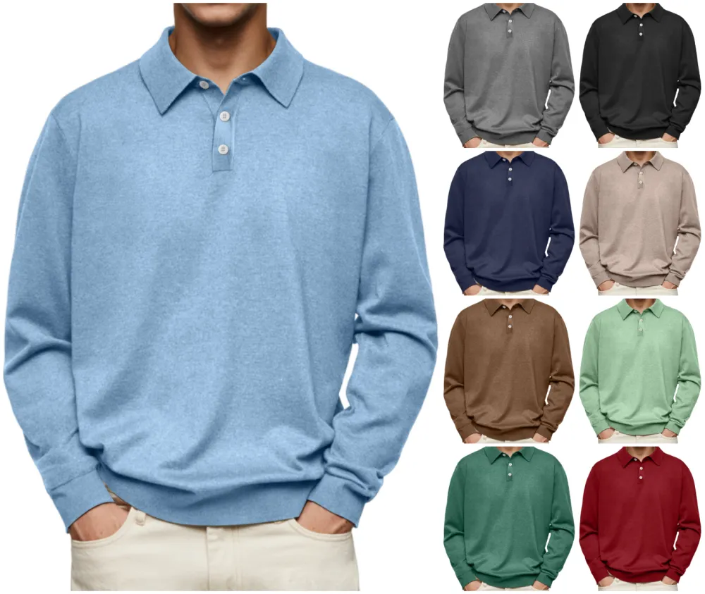 Men's Casual and Comfortable Solid Color Lapel Long Sleeve POLO Shirt