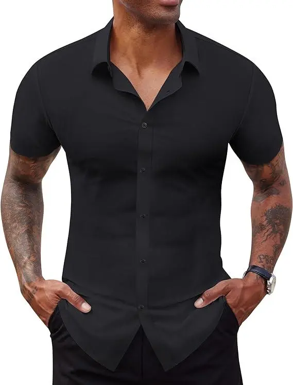 Alimens&Gentle Stretch Dress Shirts For Men Short Sleeve Slim Fit Casual Button Down Shirts Muscle Fit Men'S Dress Shirts