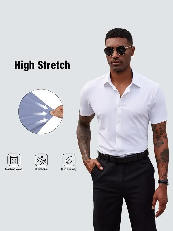 Alimens&Gentle Stretch Dress Shirts For Men Short Sleeve Slim Fit Casual Button Down Shirts Muscle Fit Men'S Dress Shirts