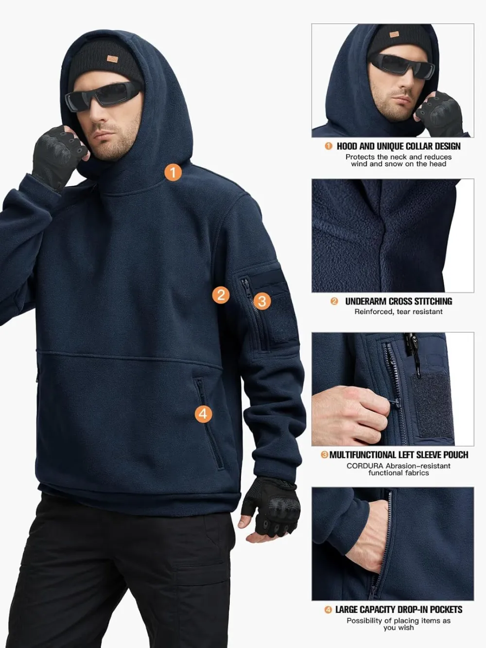 Men's Tactical Winter Fleece Pullover Hoodie Warm Long Fleece lined Hooded Sweatshirt
