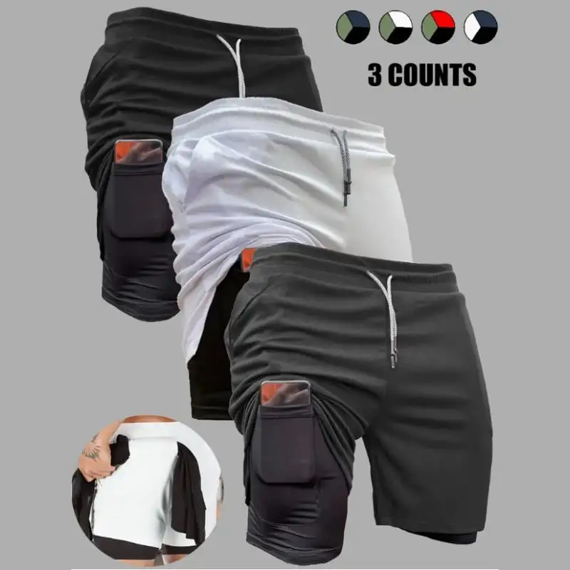 3-Pack Men's 2 in 1 Stretch Active Quick Dry Gym Running Shorts With Liner