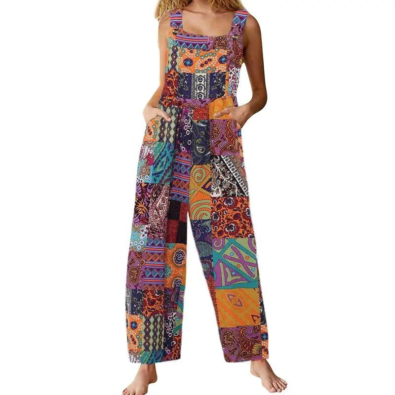 Tanming Women's Patchwork Dual Pocket Jumpsuit Loose Floral Print Bohemian Wide Leg Bib Overall