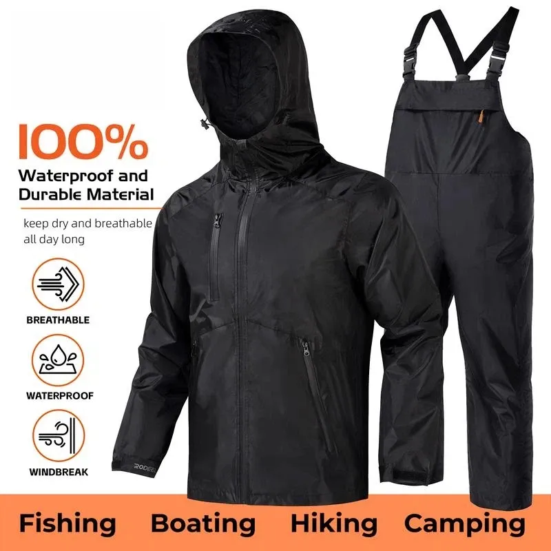 RODEEL 718 Waterproof Bib Overalls Rain Suit Men Lightweight Breathable Rainproof Full Zip Hooded Jacket and Bib Overalls Durable Rain Coat Rainwear Windbreaker For Outdoor Hiking Camping Fishing Car Washing Construction Roofing Landscaping Gardening