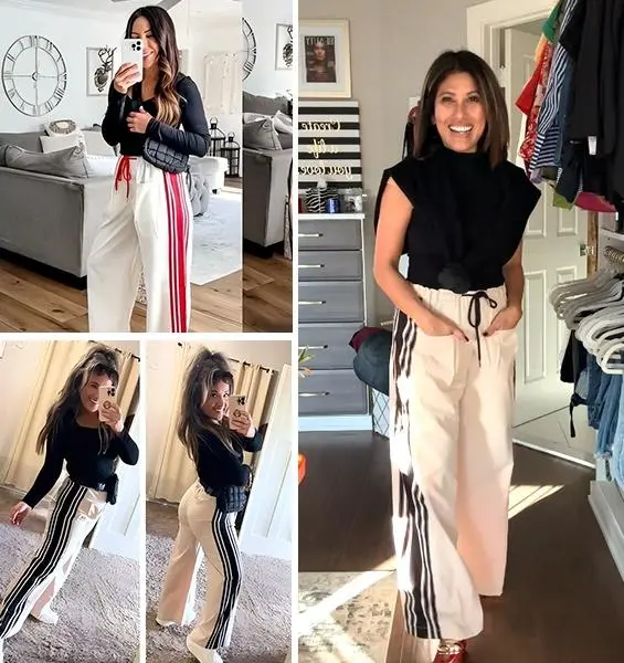 Elasticated Waistband Soft Wide Leg Pants with Pockets Casual Sweatpants for Women