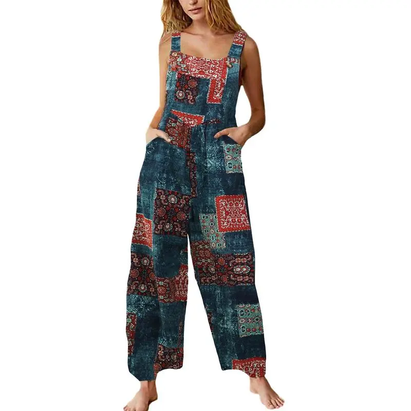 Tanming Women's Patchwork Dual Pocket Jumpsuit Loose Floral Print Bohemian Wide Leg Bib Overall