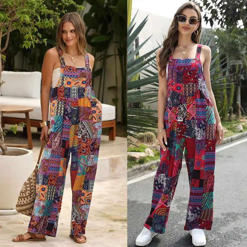 Tanming Women's Patchwork Dual Pocket Jumpsuit Loose Floral Print Bohemian Wide Leg Bib Overall