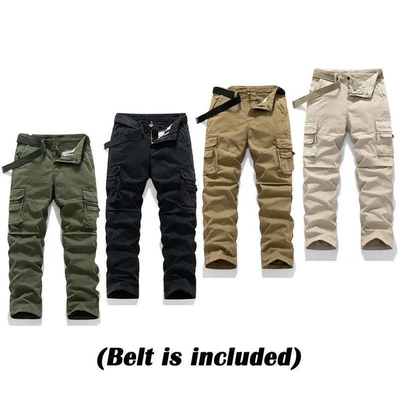 Men's Solid Color Straight Leg Multi-pocket Cargo Pants (With Belt)