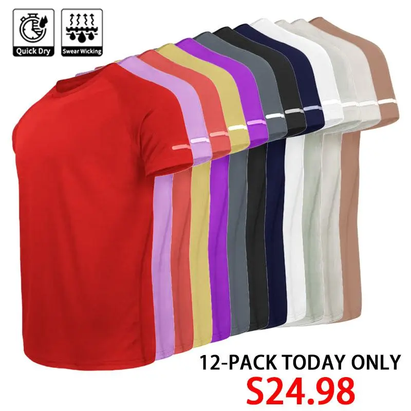 🔥12-Pack Men's Plain Reflective Design Sports Tee, Breathable Quick Drying Short Sleeve T-shirt