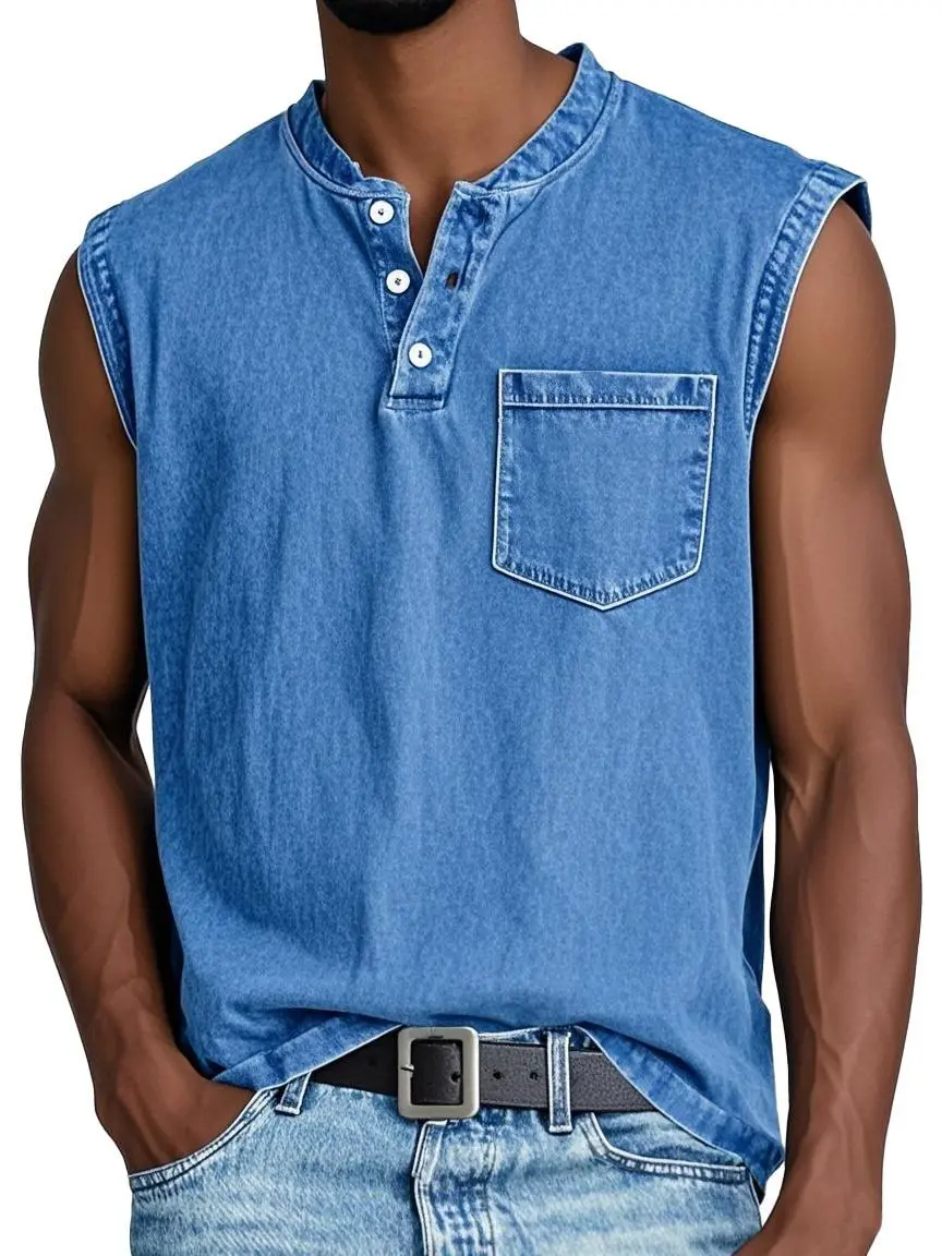 Men's Casual Retro Solid Color Simple Pocket Sleeveless Henley Vest (S-7XL)