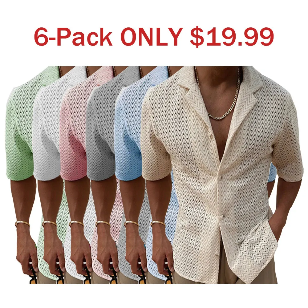 6-Pack Men's summer hollowed-out solid color lapel short sleeve knit shirt