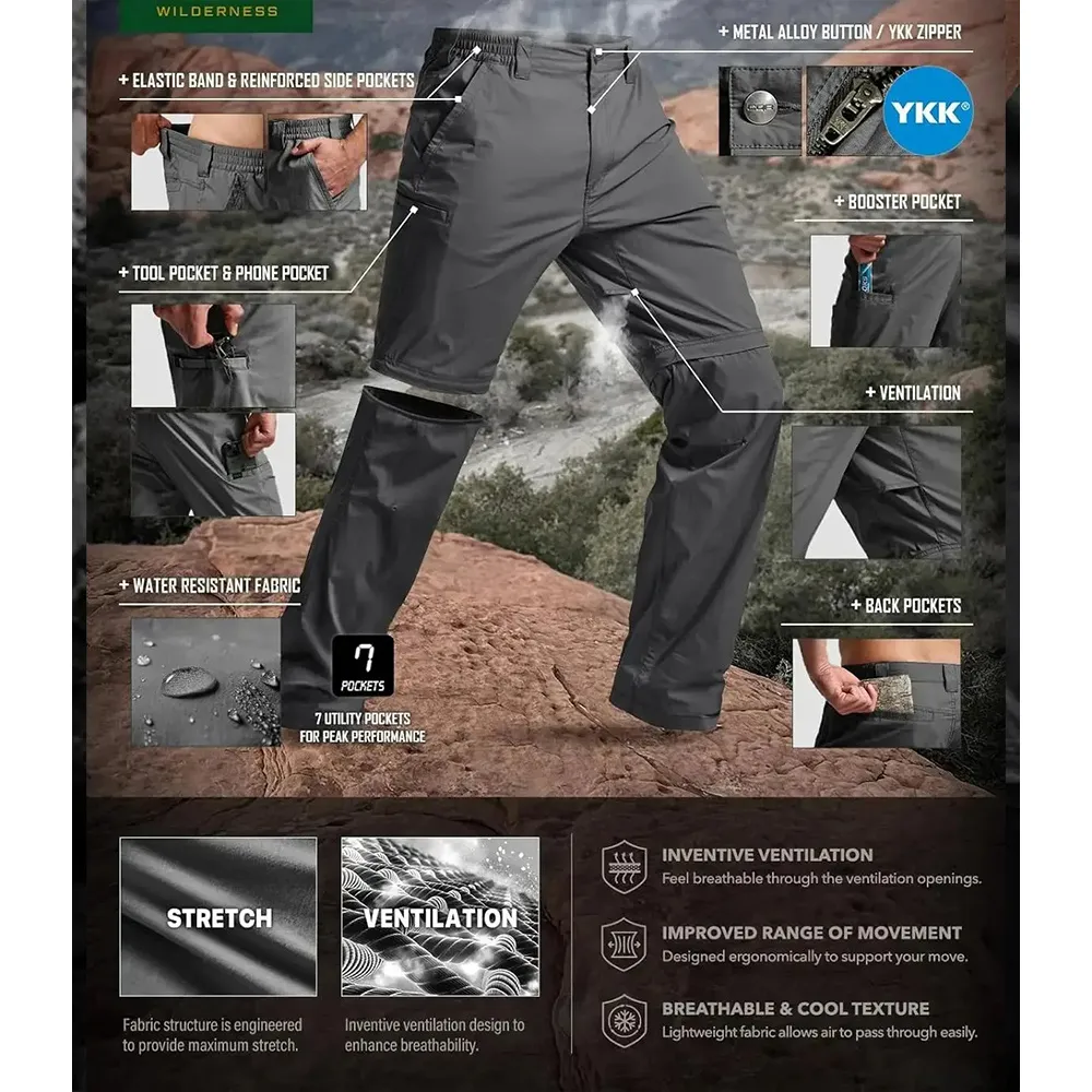 Men's Convertible Cargo Tactical Pants, Water Resistant Outdoor Hiking Pants