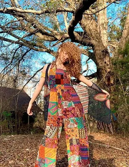 Tanming Women's Patchwork Dual Pocket Jumpsuit Loose Floral Print Bohemian Wide Leg Bib Overall