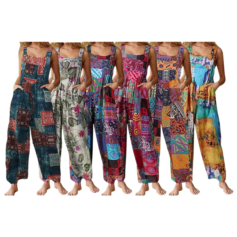 Tanming Women's Patchwork Dual Pocket Jumpsuit Loose Floral Print Bohemian Wide Leg Bib Overall