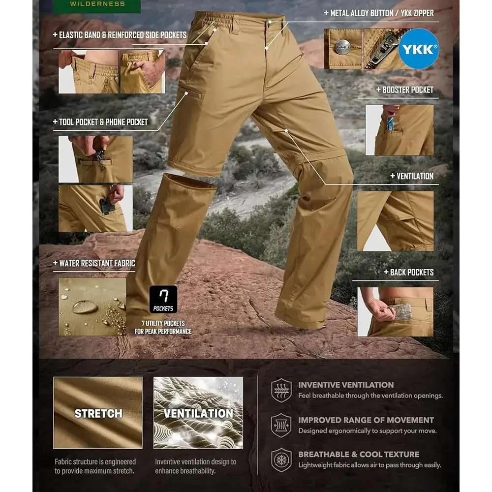 Men's Convertible Cargo Tactical Pants, Water Resistant Outdoor Hiking Pants