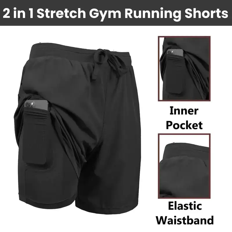 3-Pack Men's 2 in 1 Stretch Active Quick Dry Gym Running Shorts With Liner