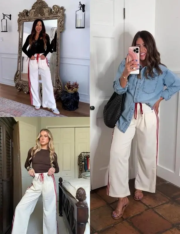 Elasticated Waistband Soft Wide Leg Pants with Pockets Casual Sweatpants for Women