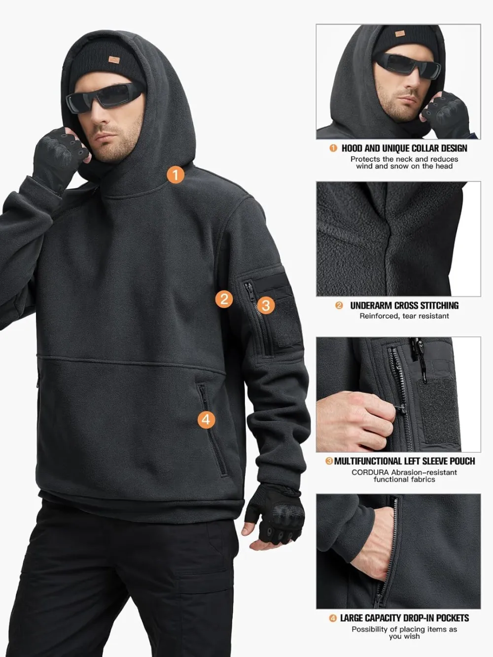 Men's Tactical Winter Fleece Pullover Hoodie Warm Long Fleece lined Hooded Sweatshirt