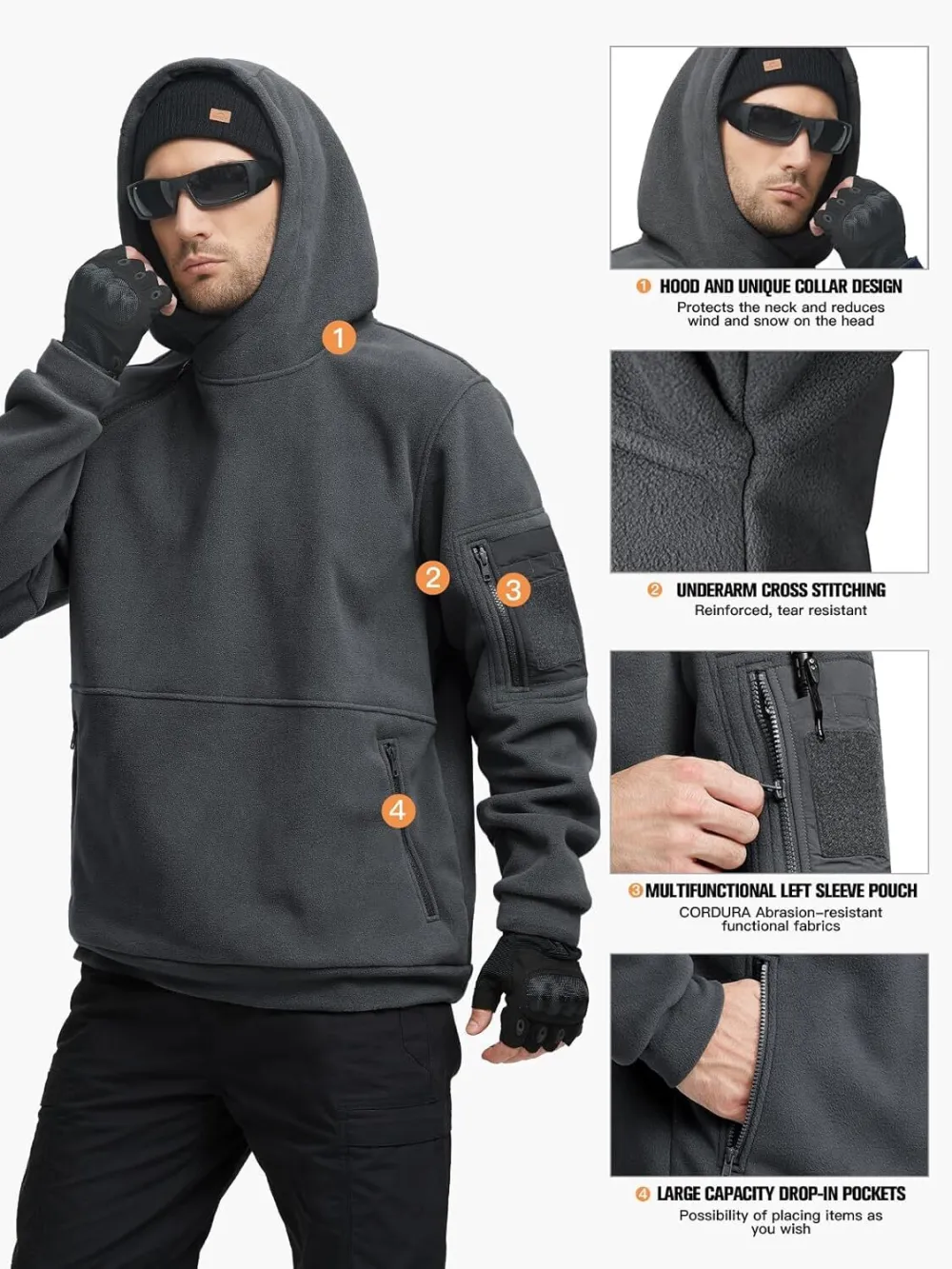 Men's Tactical Winter Fleece Pullover Hoodie Warm Long Fleece lined Hooded Sweatshirt