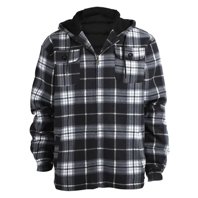 [Large Size] Plaid thick hooded jacket, casual regular fit long sleeve drawstring pocket jacket, suitable for autumn and winter, men's daily wear