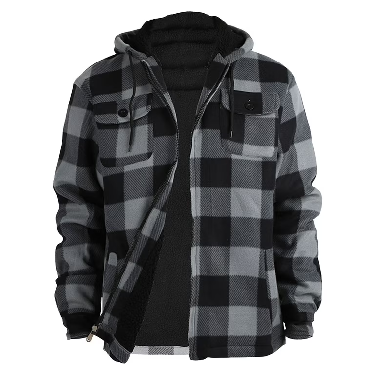 [Large Size] Plaid thick hooded jacket, casual regular fit long sleeve drawstring pocket jacket, suitable for autumn and winter, men's daily wear