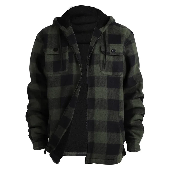 [Large Size] Plaid thick hooded jacket, casual regular fit long sleeve drawstring pocket jacket, suitable for autumn and winter, men's daily wear