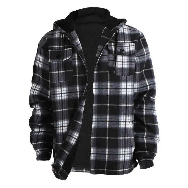 [Large Size] Plaid thick hooded jacket, casual regular fit long sleeve drawstring pocket jacket, suitable for autumn and winter, men's daily wear