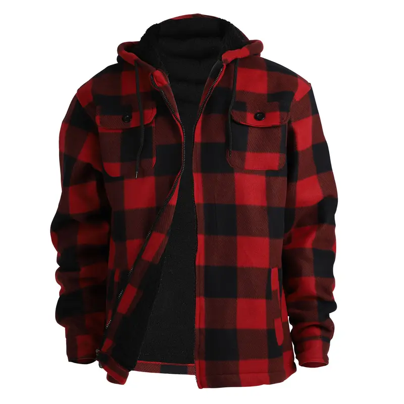 [Large Size] Plaid thick hooded jacket, casual regular fit long sleeve drawstring pocket jacket, suitable for autumn and winter, men's daily wear