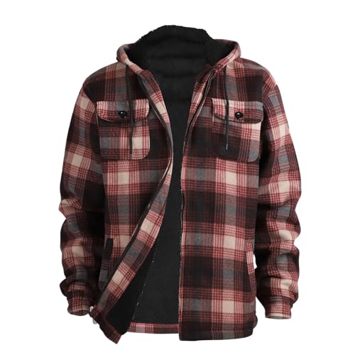 [Large Size] Plaid thick hooded jacket, casual regular fit long sleeve drawstring pocket jacket, suitable for autumn and winter, men's daily wear