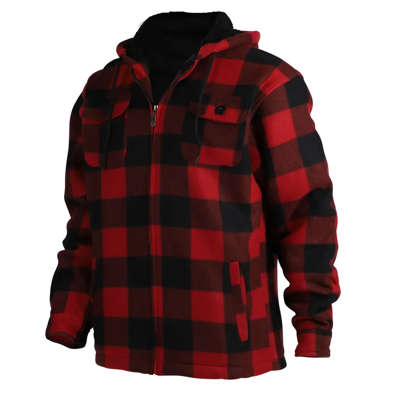 [Large Size] Plaid thick hooded jacket, casual regular fit long sleeve drawstring pocket jacket, suitable for autumn and winter, men's daily wear