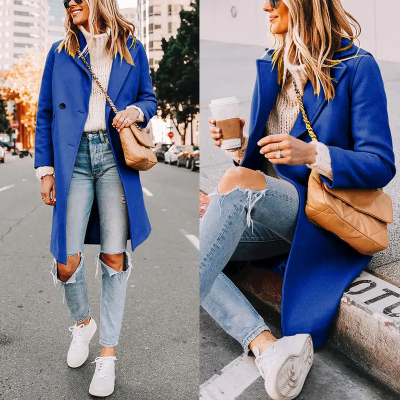 Women's Winter Notch Lapel Double Breasted Wool Blend Mid Long Pea Trench Coat