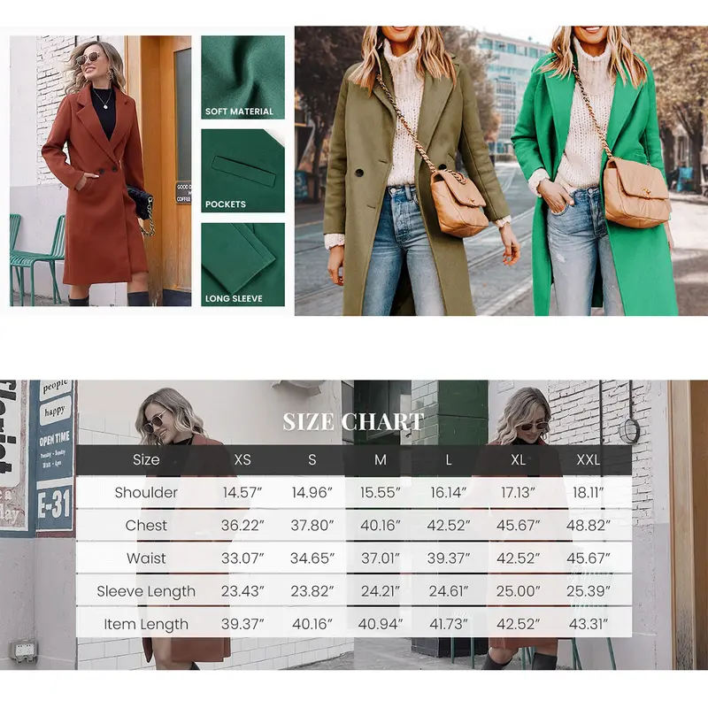 Women's Winter Notch Lapel Double Breasted Wool Blend Mid Long Pea Trench Coat