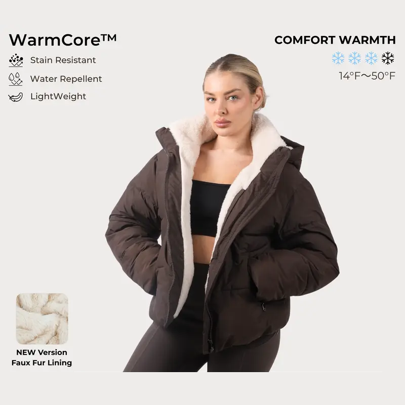 PUFFIT WarmCore Premium Short Puffer Jackets with Removable Hood & Optional Faux Fur Linging, Lady Casual Outerwear Longsleeves Zip Pockets Warm Quilted Coat