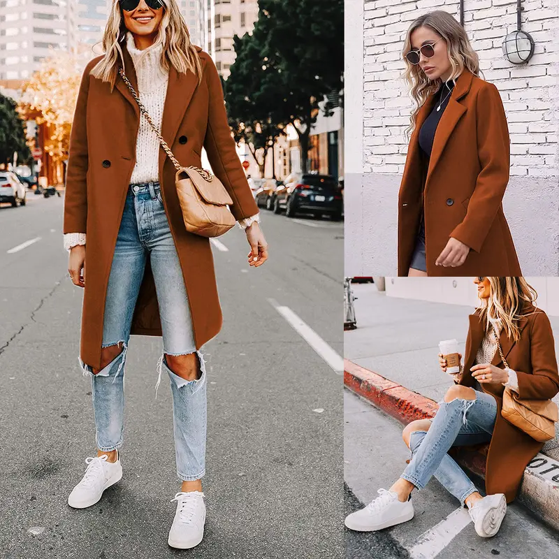 Women's Winter Notch Lapel Double Breasted Wool Blend Mid Long Pea Trench Coat