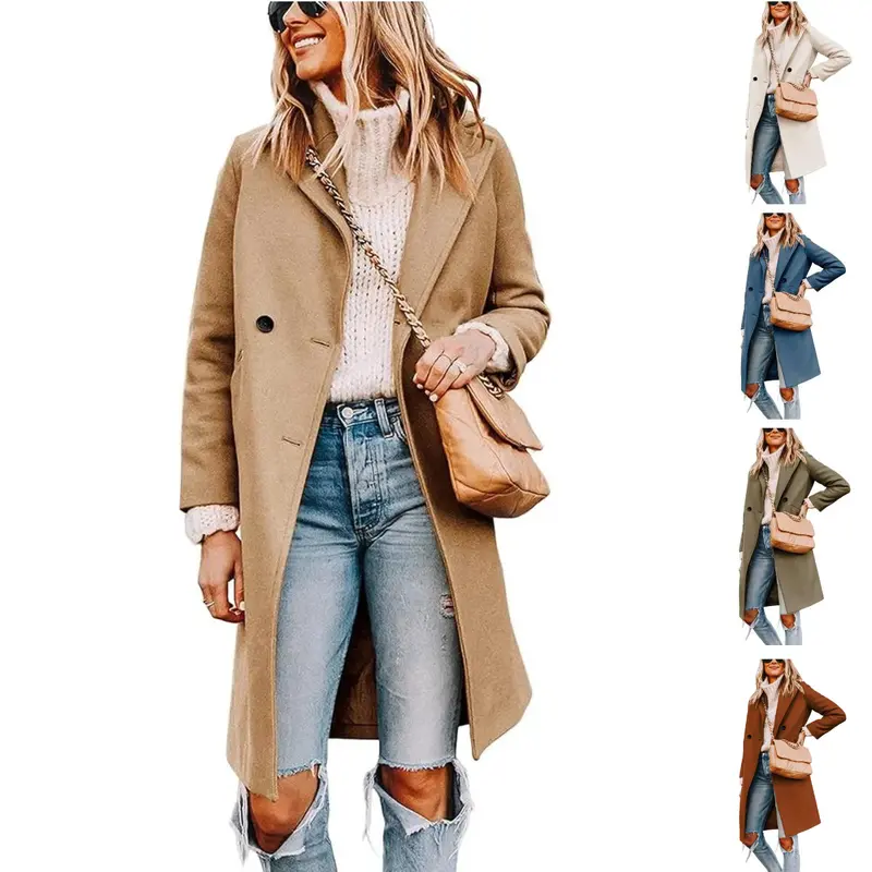 Women's Winter Notch Lapel Double Breasted Wool Blend Mid Long Pea Trench Coat