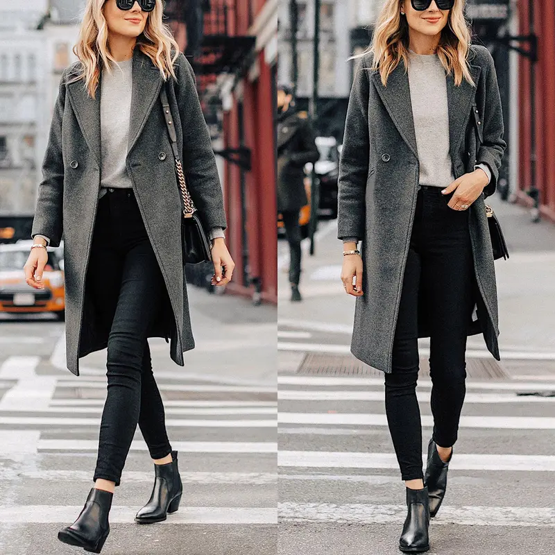 Women's Winter Notch Lapel Double Breasted Wool Blend Mid Long Pea Trench Coat